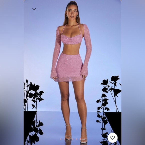 Oh Polly Embellished Long Sleeve Crop Top in Pink - Picture 2 of 5